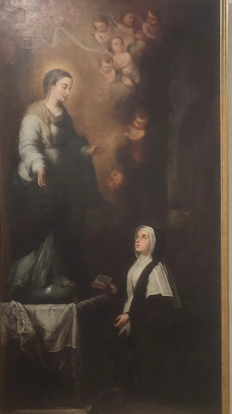 Pintura de la aparición de la Virgen María a Santa Catalina Labouré arrodillada, por José María Romero López, 1854