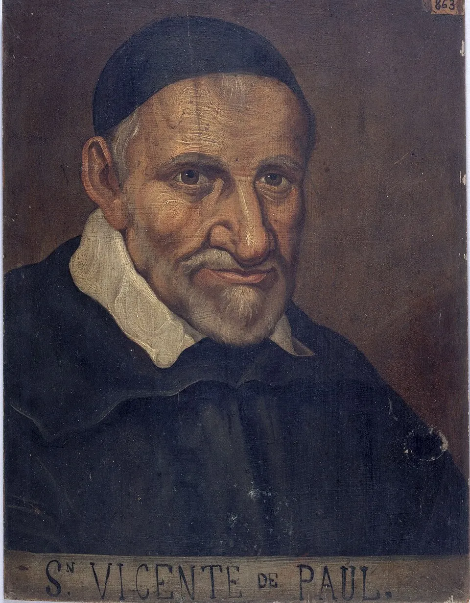 Retrato clásico de San Vicente de Paúl con bonete negro y cuello blanco, pintura del Musée Carnavalet